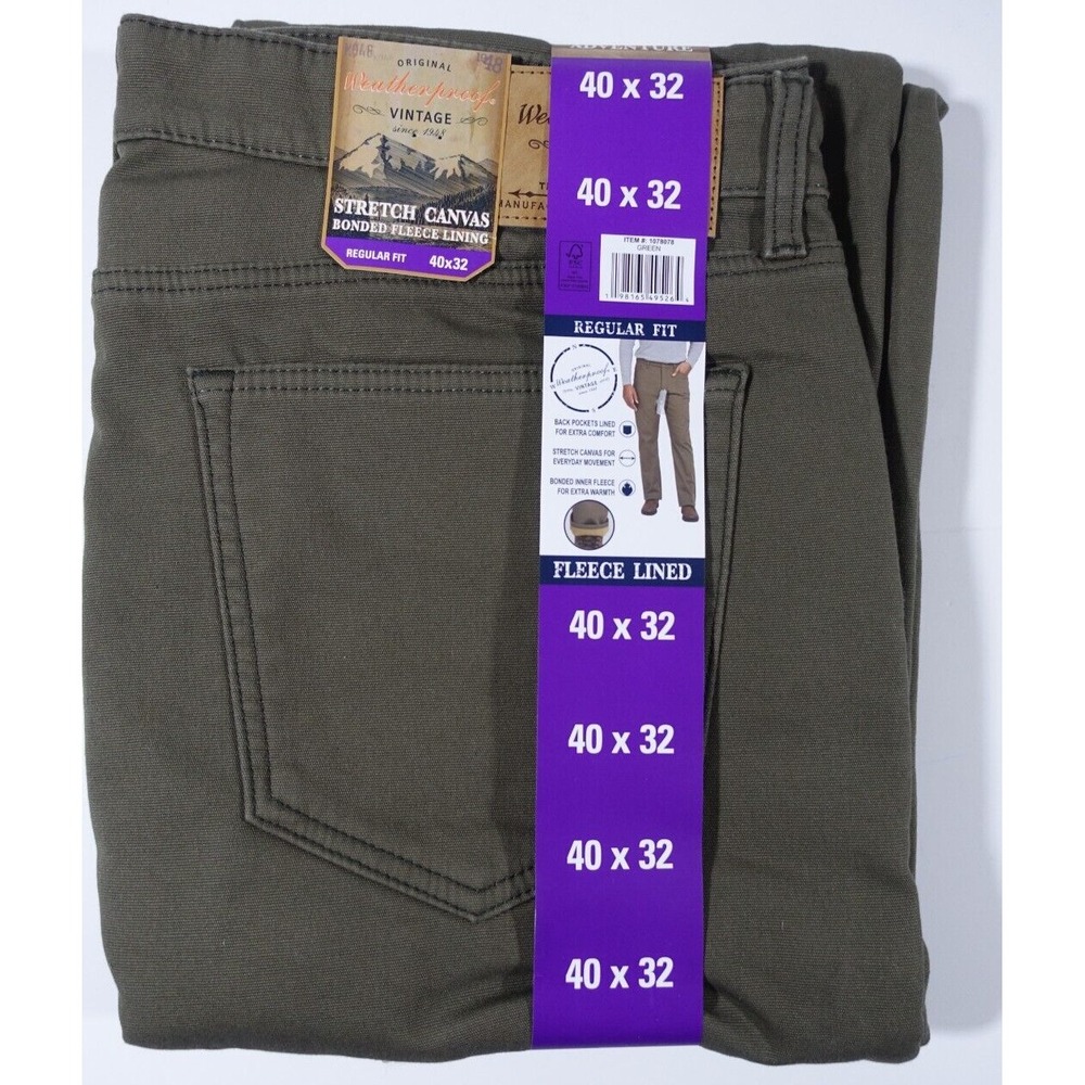 Weatherproof Vintage Men Fleece Lined Pant 40x32 Stretch Canvas Green
